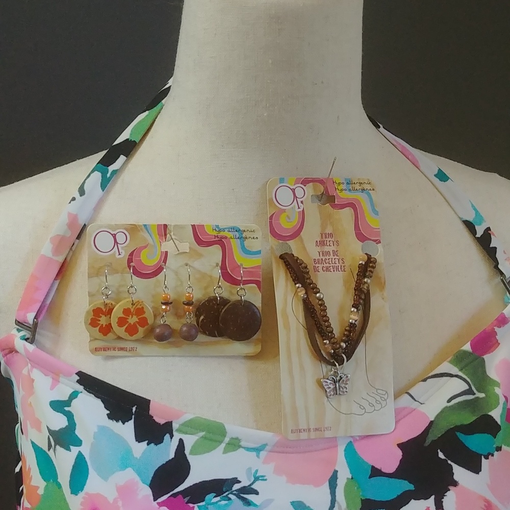 NWT OP Wood Earrings and Trio of Anklets Set